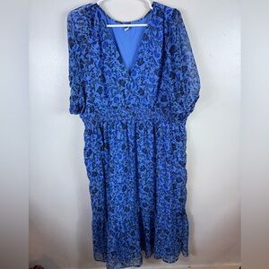 Old‎ Navy Floral Dress Blue XXL Chiffon Smocked Waist V-Neck Lined Officewear